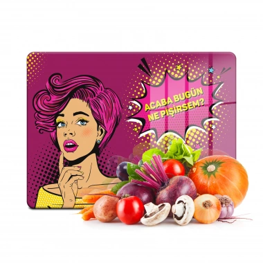 Decovetro Cam Kesme Tahtası ve Sunumluk Bugün Ne Pişirsem Desenli 20x30 Cm