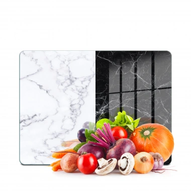 Decovetro Cam Kesme Tahtası ve Sunumluk Double Siyah Beyaz Mermer Desenli 30x40 cm