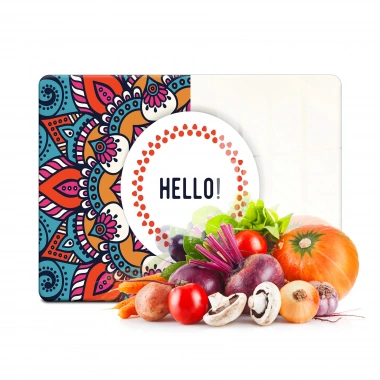 Decovetro Cam Kesme Tahtası ve Sunumluk Hello Desenli 30x40 Cm