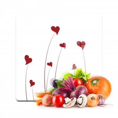 Decovetro Cam Kesme Tahtası ve Sunumluk Kare Beyaz Kırmızı Kalp Desenli 30x30 Cm