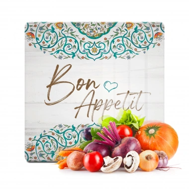 Decovetro Cam Kesme Tahtası ve Sunumluk Kare Bon Appetit Desenli 30x30 Cm