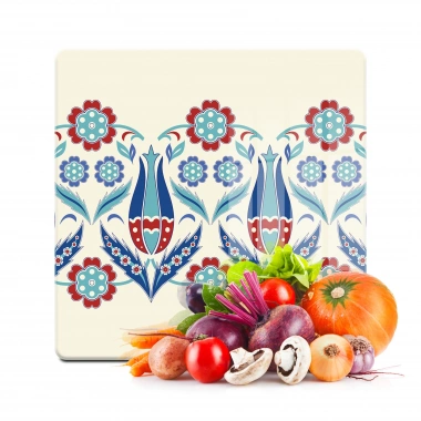 Decovetro Cam Kesme Tahtası ve Sunumluk Kare Çini Lale Desenli 30x30 Cm