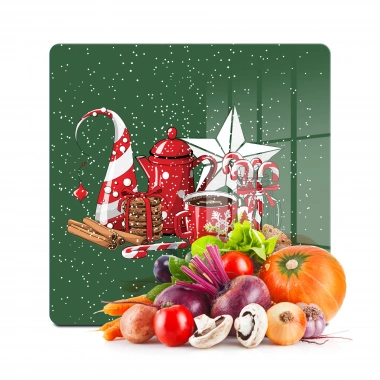 Decovetro Cam Kesme Tahtası ve Sunumluk Kare Yeşil Yılbaşı Kar Desenli 30x30 cm