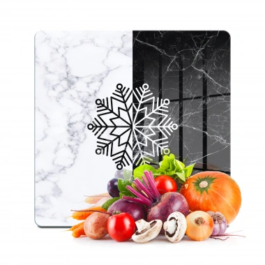 Decovetro Cam Kesme Tahtası ve Sunumluk Kare Siyah Beyaz Mermer Kar Tanesi Desenli 30x30 cm