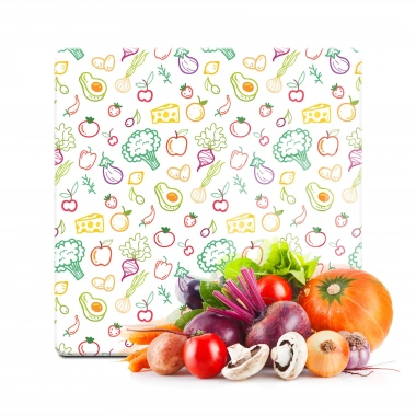 Decovetro Cam Kesme Tahtası ve Sunumluk Kare Karışık Meyve Sebze Desenli 30x30 Cm