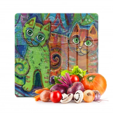 Decovetro Cam Kesme Tahtası ve Sunumluk Kare Kedi Desenli 30x30 Cm