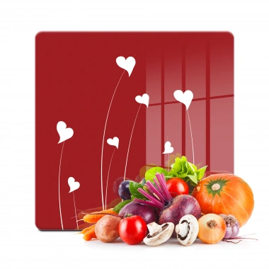 Decovetro Cam Kesme Tahtası ve Sunumluk Kare Kırmızı Beyaz Kalp Desenli 30x30 Cm