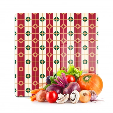 Decovetro Cam Kesme Tahtası ve Sunumluk Kare Kırmızı Geometrik Desenli 30x30 Cm