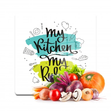 Decovetro Cam Kesme Tahtası ve Sunumluk Kare My Kitchen Rules Desenli 30x30 Cm