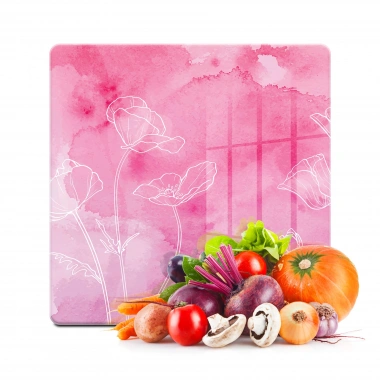 Decovetro Cam Kesme Tahtası ve Sunumluk Kare Pembe Çiçek Desenli 30x30 Cm