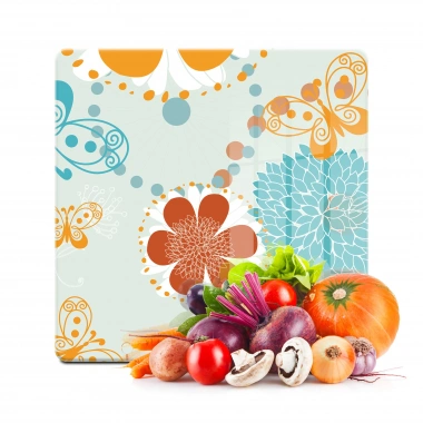 Decovetro Cam Kesme Tahtası ve Sunumluk Kare Retro Çizgi Çiçek Desenli 30x30 Cm