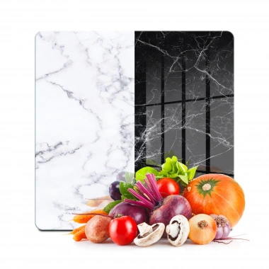 Decovetro Cam Kesme Tahtası ve Sunumluk Kare Double Siyah Beyaz Mermer Desenli 30x30 cm