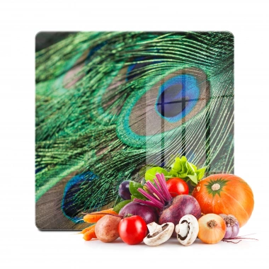 Decovetro Cam Kesme Tahtası ve Sunumluk Kare Tavus Kuşu Desenli 30x30 Cm