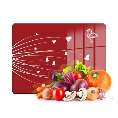 Decovetro Cam Kesme Tahtası ve Sunumluk Kırmızı Beyaz Kalp Desenli 20x30 Cm