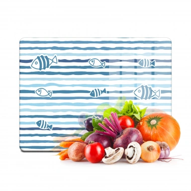 Decovetro Cam Kesme Tahtası ve Sunumluk Marine Blue Fish Line 20x30 Cm