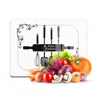 Decovetro Cam Kesme Tahtası ve Sunumluk Mutfak Kraliçesi Desenli 20x30 Cm