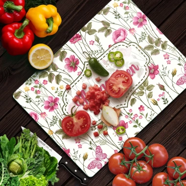 Decovetro Cam Kesme Tahtası ve Sunumluk My Kitchen Çicek Desenli 30x40 Cm