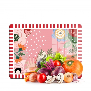 Decovetro Cam Kesme Tahtası ve Sunumluk Karışık Renkli Love Desenli 20x30 cm