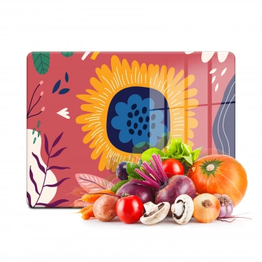 Decovetro Cam Kesme Tahtası ve Sunumluk Turuncu Mavi Çiçek Desenli 30x40 Cm