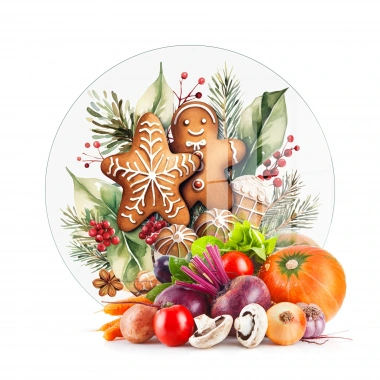 Decovetro Cam Kesme Tahtası ve Sunumluk Yuvarlak Gingerbread Yılbaşı Kurabiye Desenli 30 x 30 cm