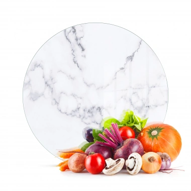 Decovetro Cam Kesme Tahtası ve Sunumluk Yuvarlak Beyaz Mermer Desenli 30x30 cm