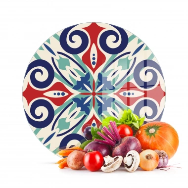 Decovetro Cam Kesme Tahtası ve Sunumluk Yuvarlak Çini Motif Desenli 30x30 Cm