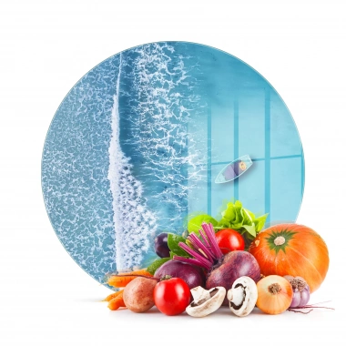 Decovetro Cam Kesme Tahtası ve Sunumluk Yuvarlak Deniz Kayık Desenli 30x30 Cm