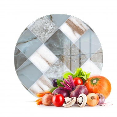 Decovetro Cam Kesme Tahtası ve Sunumluk Yuvarlak Gri Mermer Desenli 30x30 Cm