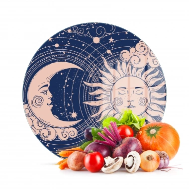 Decovetro Cam Kesme Tahtası ve Sunumluk Yuvarlak Horoscope Vintage Desenli 30x30 Cm