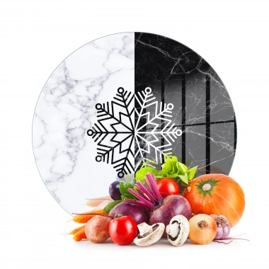 Decovetro Cam Kesme Tahtası ve Sunumluk Yuvarlak Siyah Beyaz Mermer Kar Tanesi Desenli 30x30 cm