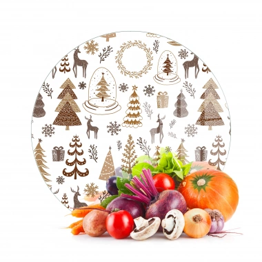 Decovetro Cam Kesme Tahtası ve Sunumluk Yuvarlak Kahverengi Karışık Yılbaşı Desenli 30x30 cm