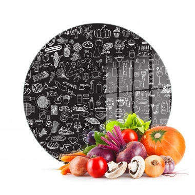 Decovetro Cam Kesme Tahtası ve Sunumluk Yuvarlak Karışık Yazı Desenli 30x30 Cm