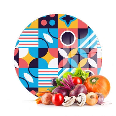 Decovetro Cam Kesme Tahtası ve Sunumluk Yuvarlak Karma Çizgi Desenli 30x30 Cm