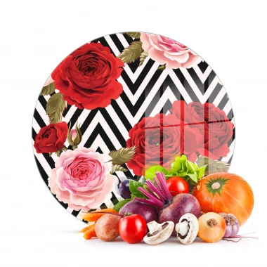 Decovetro Cam Kesme Tahtası ve Sunumluk Yuvarlak Karma Gül Desenli 30x30 Cm