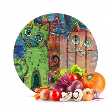 Decovetro Cam Kesme Tahtası ve Sunumluk Yuvarlak Kedi Desenli 30x30 Cm