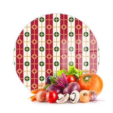 Decovetro Cam Kesme Tahtası ve Sunumluk Yuvarlak Kırmızı Beyaz Geometrik Desenli 30x30 cm