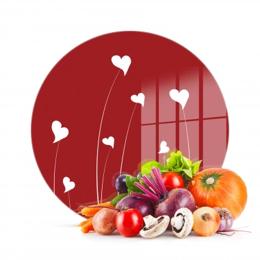 Decovetro Cam Kesme Tahtası ve Sunumluk Yuvarlak Kırmızı Beyaz Kalp Desenli 30x30 Cm