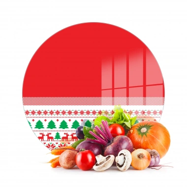Decovetro Cam Kesme Tahtası ve Sunumluk Yuvarlak Kırmızı Ekose Dokuma Yılbaşı Desenli 30x30 cm