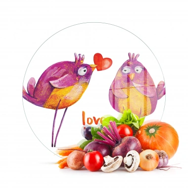 Decovetro Cam Kesme Tahtası ve Sunumluk Yuvarlak Love Birds Desenli 30x30 Cm