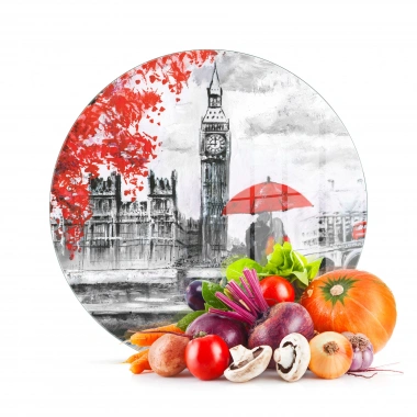 Decovetro Cam Kesme Tahtası ve Sunumluk Yuvarlak Love London Desenli 30x30 Cm