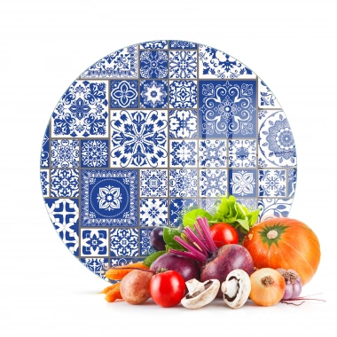 Decovetro Cam Kesme Tahtası ve Sunumluk Yuvarlak Mavi Çini Motif Desenli 30x30 Cm