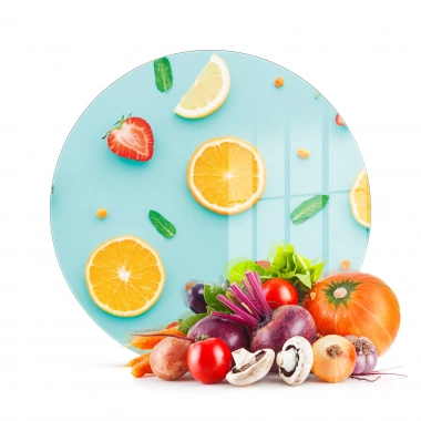 Decovetro Cam Kesme Tahtası ve Sunumluk Yuvarlak Meyve Desenli 30x30 Cm