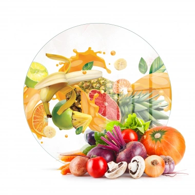 Decovetro Cam Kesme Tahtası ve Sunumluk Yuvarlak Meyve Kokteyli Desenli 30x30 Cm