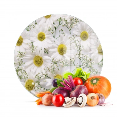 Decovetro Cam Kesme Tahtası ve Sunumluk Yuvarlak Papatya Desenli 30x30 Cm