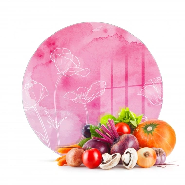 Decovetro Cam Kesme Tahtası ve Sunumluk Yuvarlak Pembe Çiçek Desenli 30x30 Cm