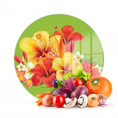 Decovetro Cam Kesme Tahtası ve Sunumluk Yuvarlak Renkli Çiçek Desenli 30x30 Cm