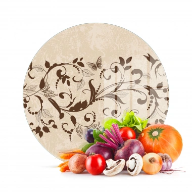 Decovetro Cam Kesme Tahtası ve Sunumluk Yuvarlak Sarmaşık Desenli 30x30 Cm