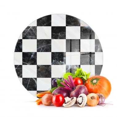 Decovetro Cam Kesme Tahtası ve Sunumluk Yuvarlak Siyah Beyaz Kare Desenli 30x30 Cm