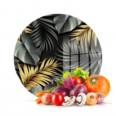 Decovetro Cam Kesme Tahtası ve Sunumluk Yuvarlak Tropik Yaprak Desenli 30x30 Cm