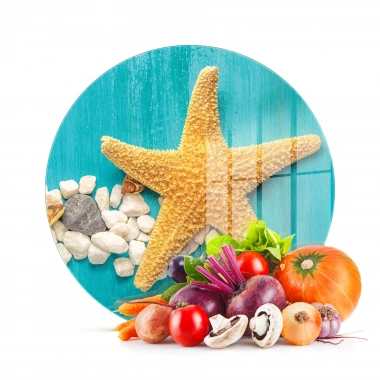 Decovetro Cam Kesme Tahtası ve Sunumluk Yuvarlak Turkuaz Deniz Yıldızı Desenli 30x30 Cm